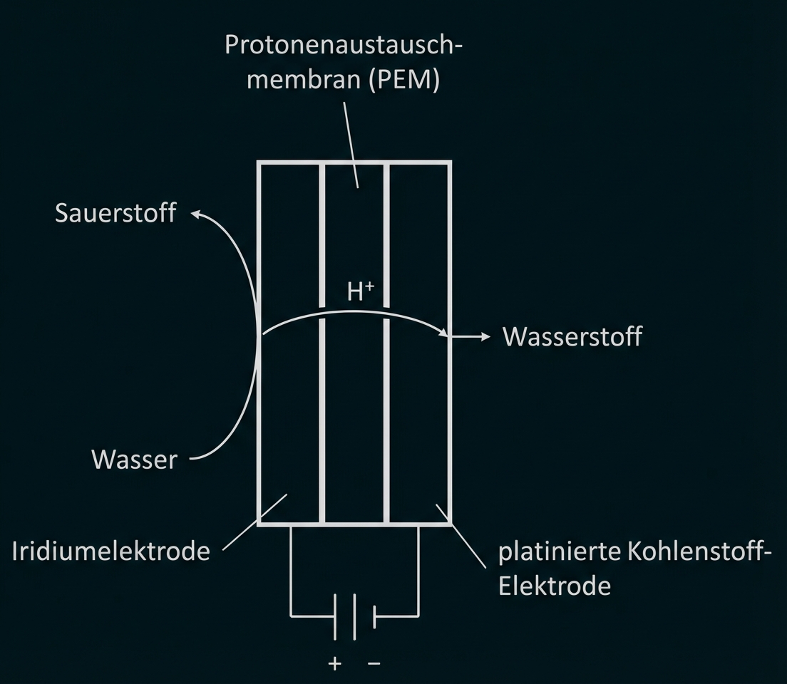 Schematische Darstellung einer PEM-Brennstoffzelle mit Membran, Elektroden, Wasser, Sauerstoff und Wasserstoff